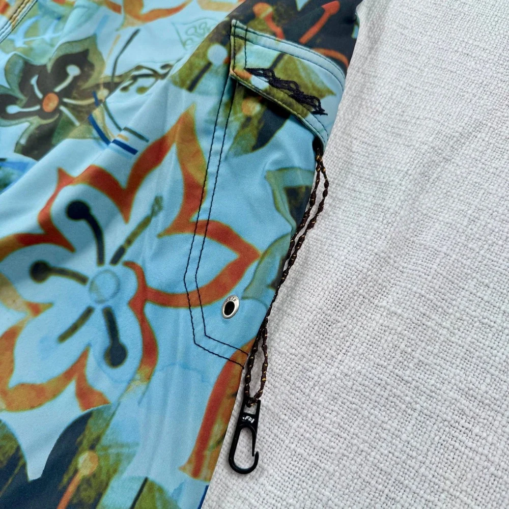 Reef Mens Vintage Y2K Board Shorts 36 Aqua Blue Tropical Floral Swim Trunks Surf